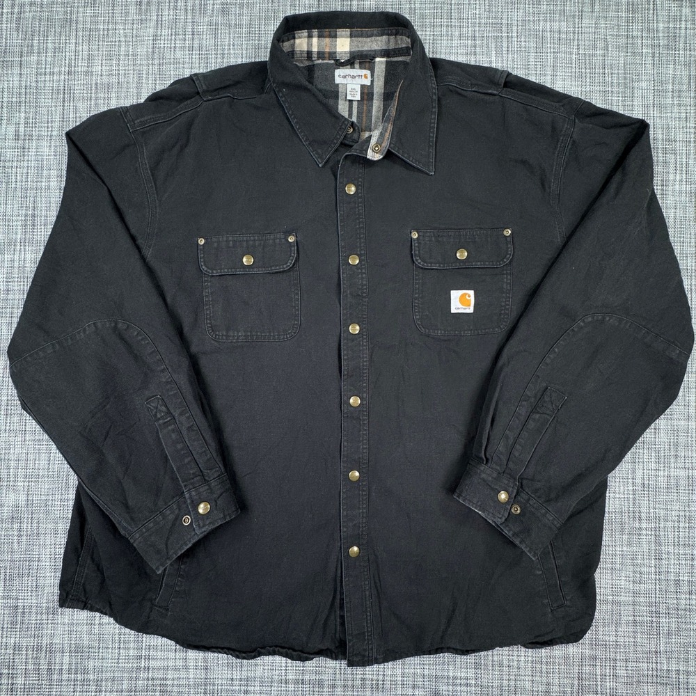 Carhartt Mens 4XL Black Weathered Canvas Shirt Jacket Flannel Lined Snap Front